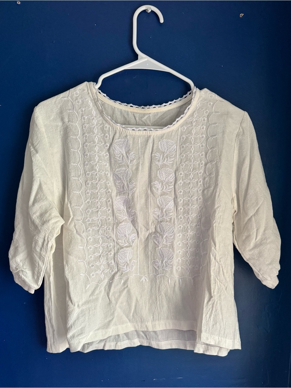 White Embroidered Cotton Peasant Top - Women's